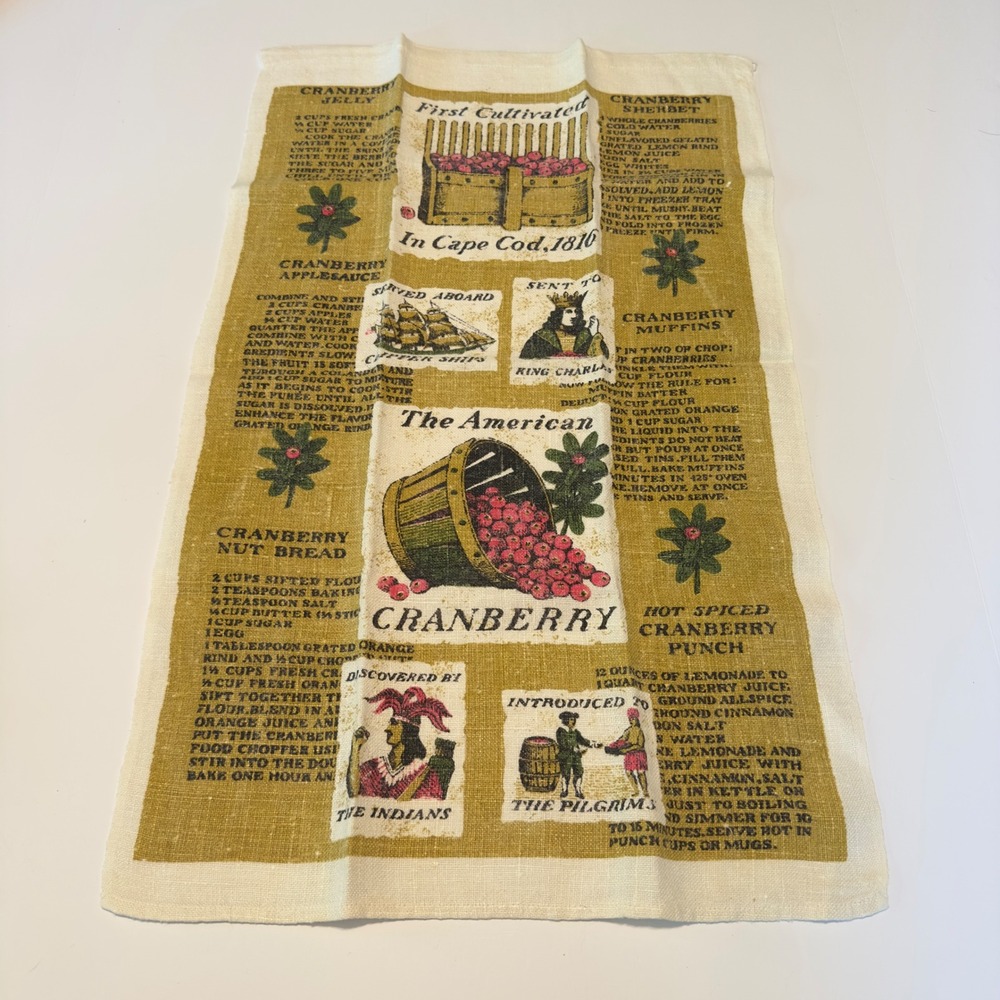 Vintage American Cranberry Tea Towel Linen Recipe Farmhouse Cape Cod 1816
